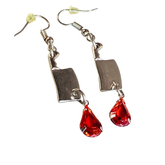 Meat Cleaver Earrings Pierced Hooks Dangle Drop Bead Halloween Whimsical Party - Picture 1 of 13